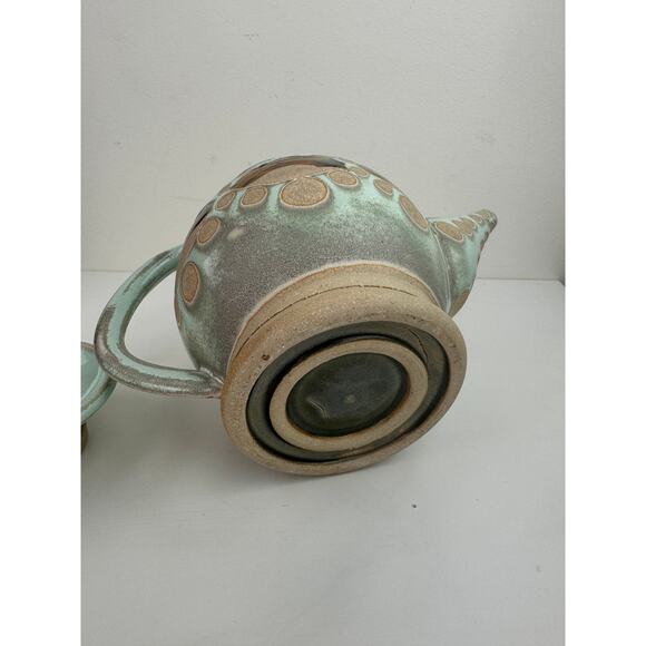 OOAK Blue Beige Ceramic Hand Thrown Pottery Tea Plate Cup Teapot Tea Set 3-Piece - Picture 8 of 12